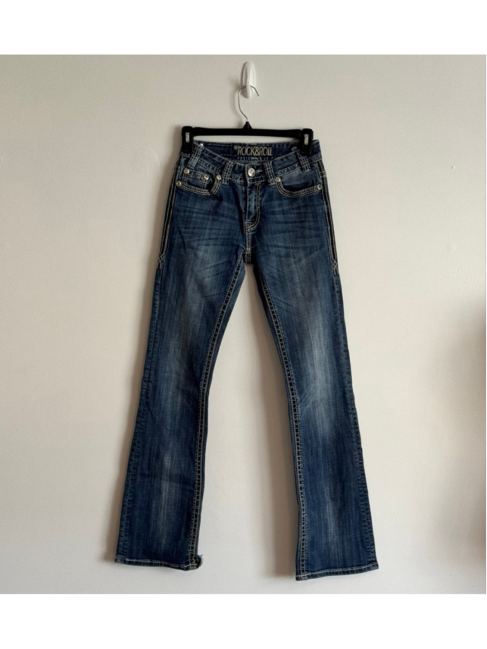 Women's Rock & Roll Cowgirl Blue Mid Rise Boot Cut Jeans 24